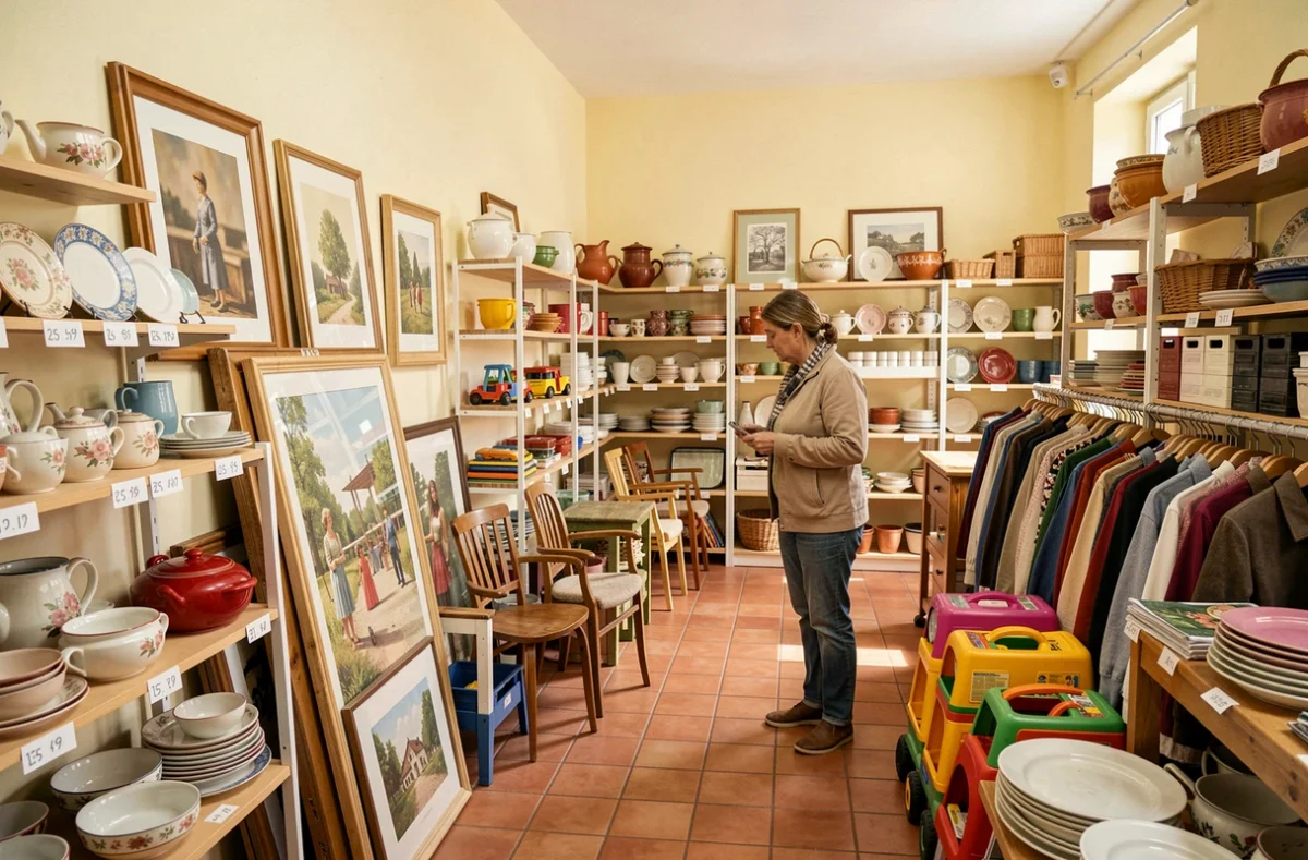 Cliente parcourant les rayons de La Trocante de Chalon-sur-Saône entourée de vaisselle, jouets et objets d'occasion dans un dépôt-vente de Saône-et-Loire