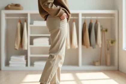 Femme portant un pantalon Uniqlo beige avec ourlet à la cheville dans un magasin minimaliste, vue en pied pour illustrer la longueur de jambe