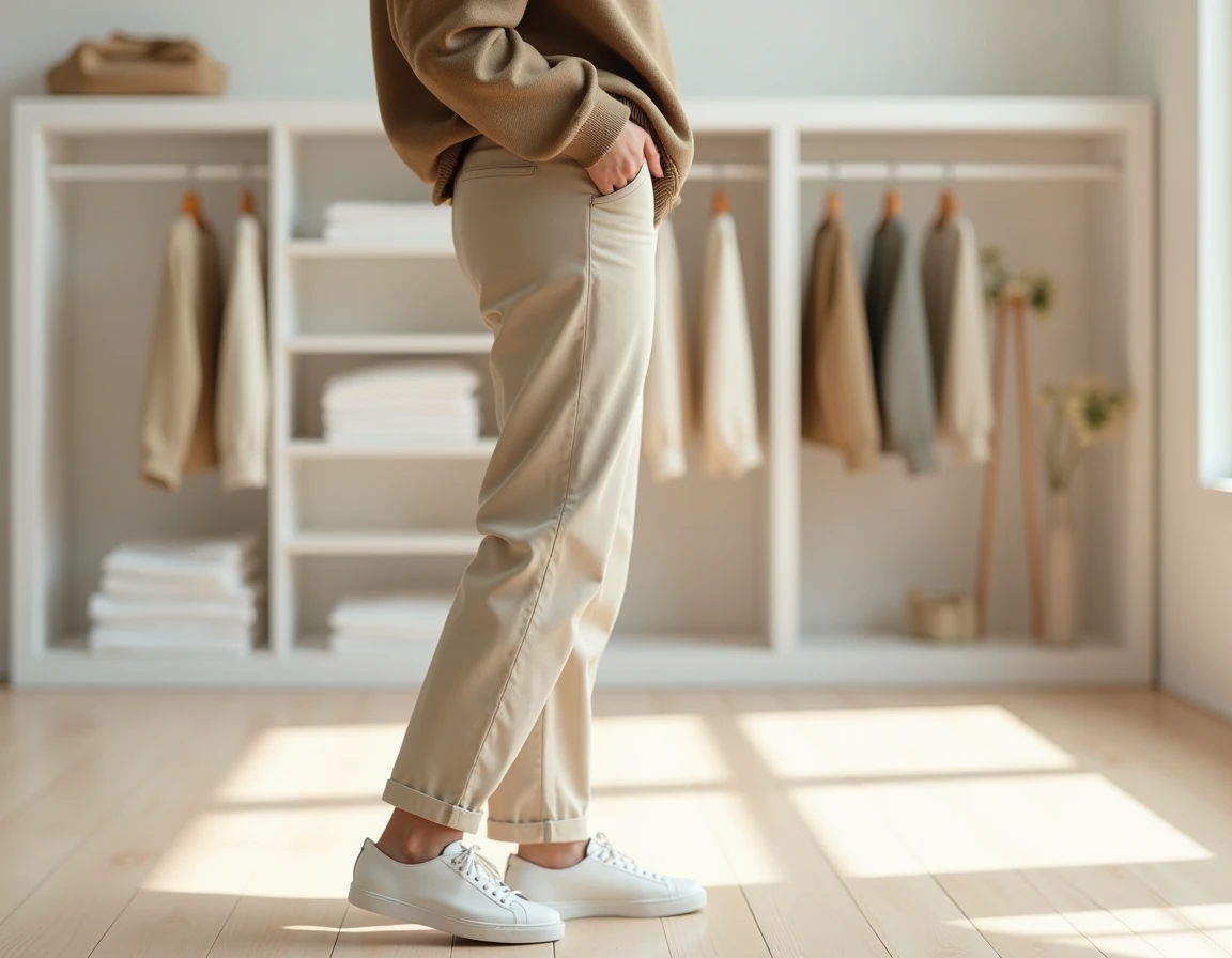 Femme portant un pantalon Uniqlo beige avec ourlet à la cheville dans un magasin minimaliste, vue en pied pour illustrer la longueur de jambe