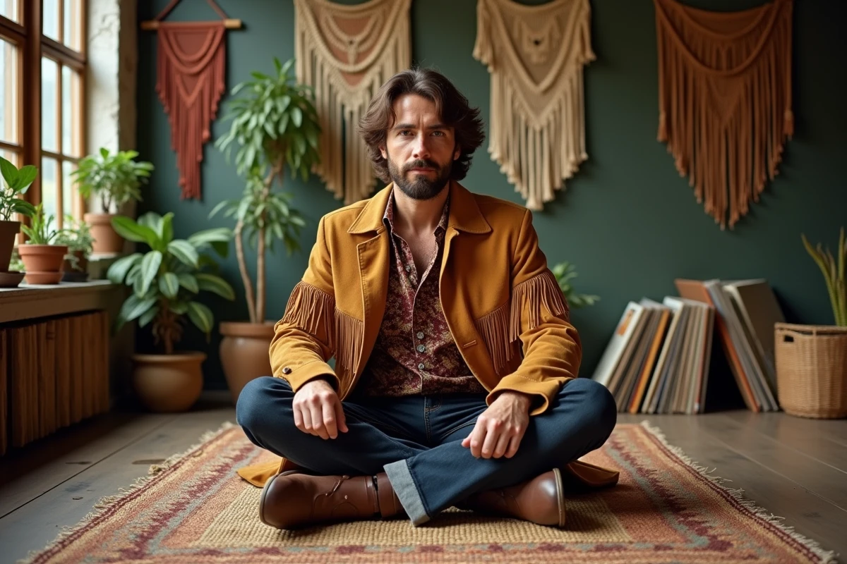 Homme en veste en daim à franges et chemise paisley années 70 assis sur un tapis kilim dans un loft vintage bohème