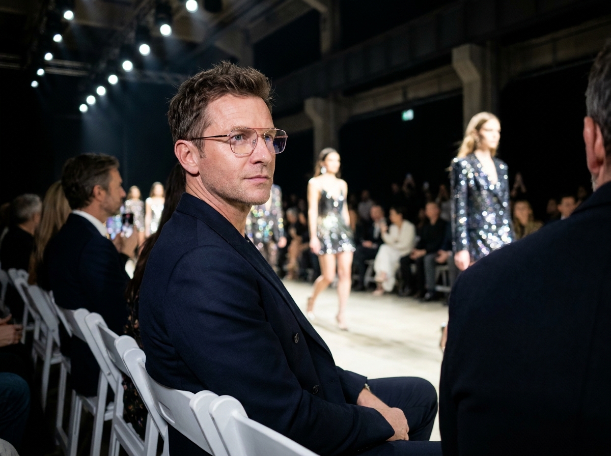 Homme en costume marine avec lunettes à monture fine métallique au premier rang d'un défilé de mode hiver 2026-2027