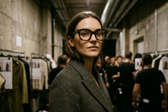 Femme portant des lunettes oversize en acétate écaille de tortue lors de la Fashion Week hiver 2026-2027 à Paris