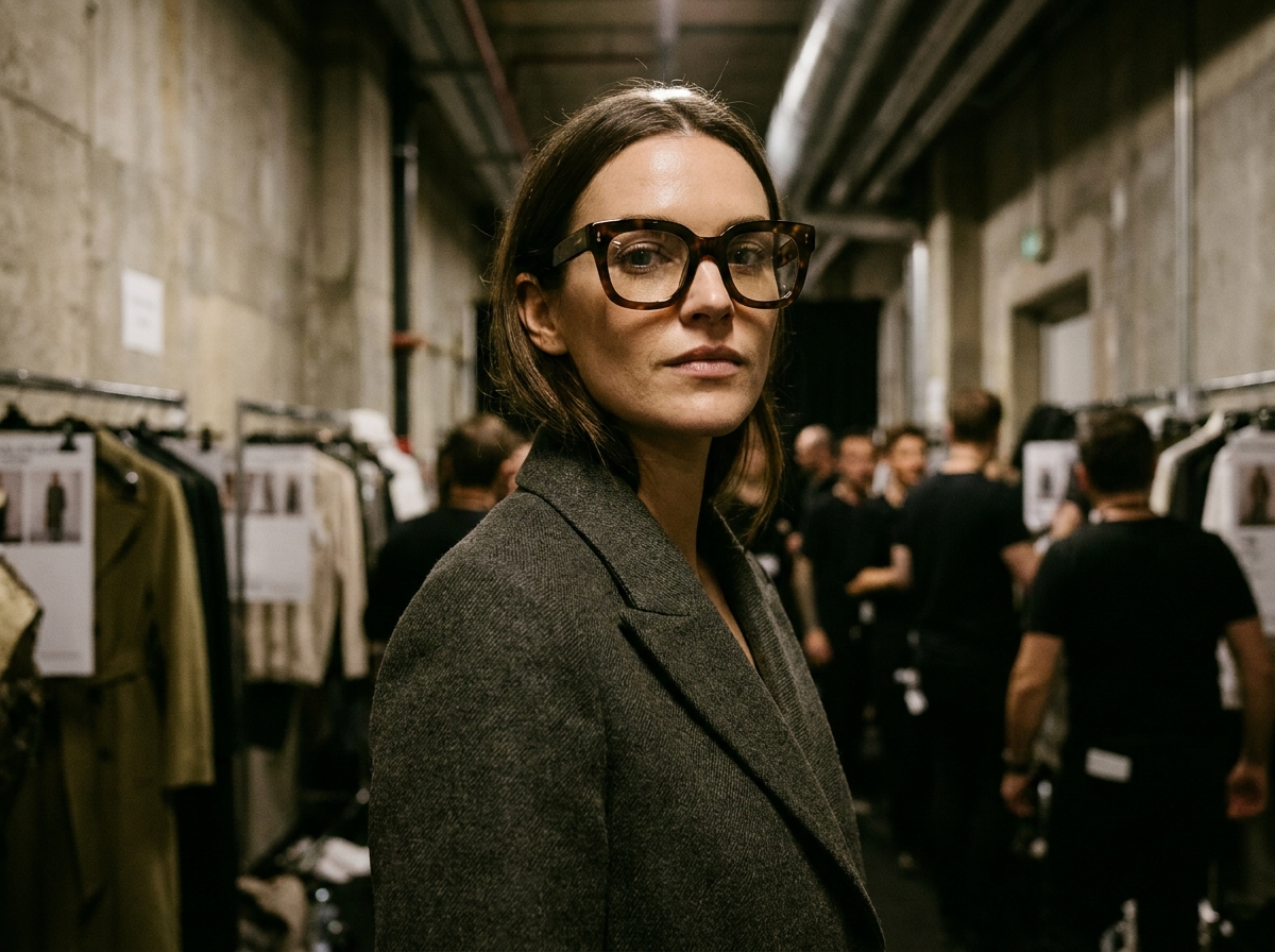 Femme portant des lunettes oversize en acétate écaille de tortue lors de la Fashion Week hiver 2026-2027 à Paris