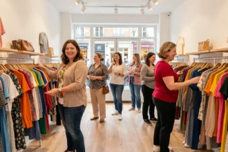 Des femmes de toutes morphologies explorent des rayons de vêtements grande taille dans une boutique de mode moderne dans les Hauts-de-France