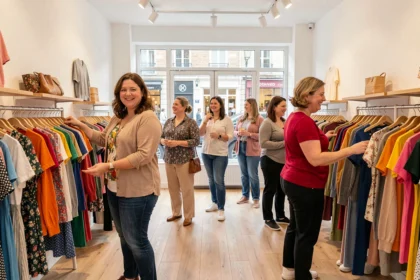 Des femmes de toutes morphologies explorent des rayons de vêtements grande taille dans une boutique de mode moderne dans les Hauts-de-France