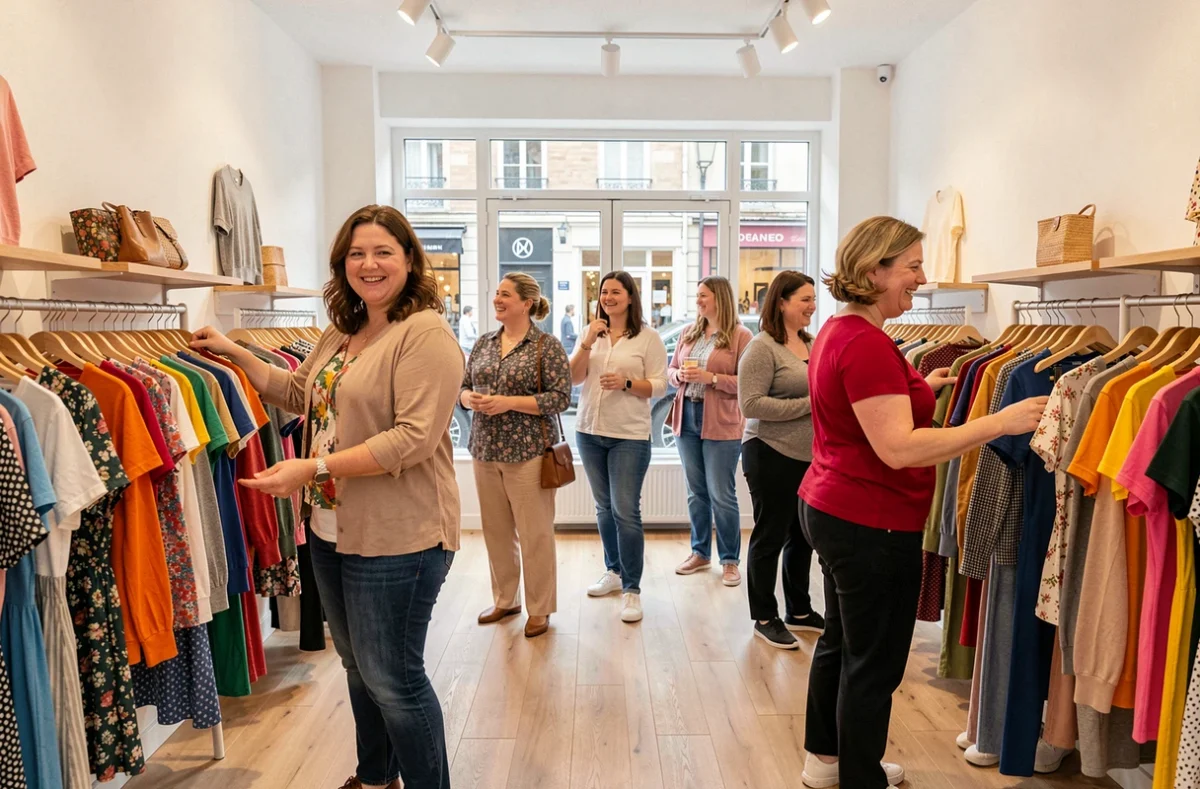 Des femmes de toutes morphologies explorent des rayons de vêtements grande taille dans une boutique de mode moderne dans les Hauts-de-France