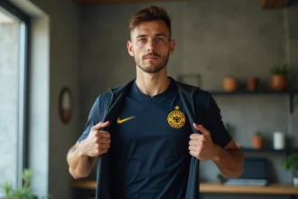 Fan portant le maillot Bastard Munchen de Blue Lock avec détails du tissu et du logo en appartement moderne