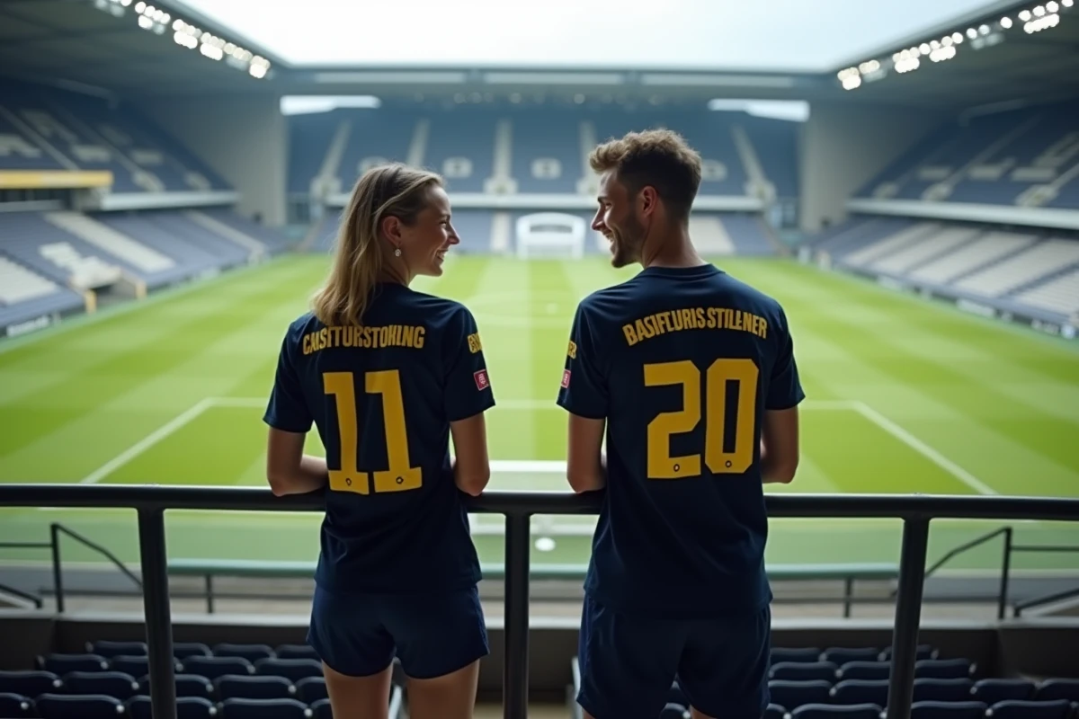 Deux fans portant le maillot Bastard Munchen de Blue Lock dans un stade de football urbain
