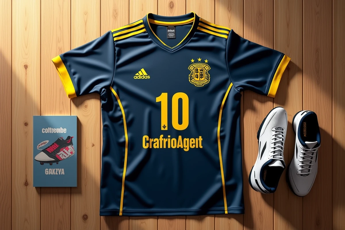 Vue à plat du maillot Bastard Munchen Blue Lock avec accessoires football sur surface en bois