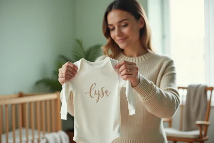 Jeune maman tenant un body bébé personnalisé avec prénom brodé dans une chambre de bébé décorée en couleurs pastels