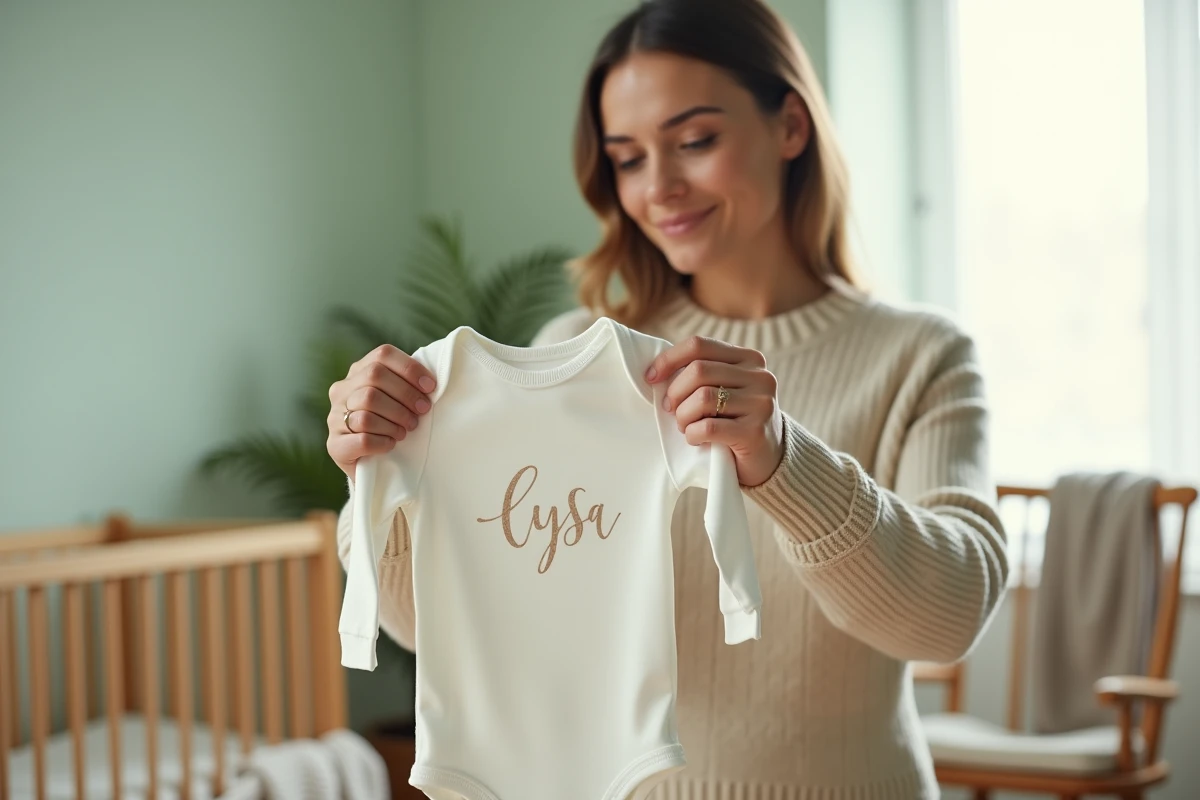 Jeune maman tenant un body bébé personnalisé avec prénom brodé dans une chambre de bébé décorée en couleurs pastels