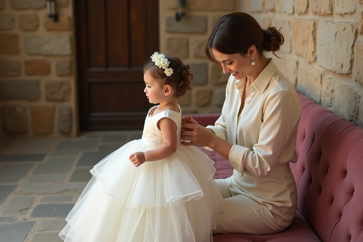 Jeune maman habillant sa fille en robe de baptême blanche à jupe en tulle et ruban satin dans un vestibule d'église en pierre