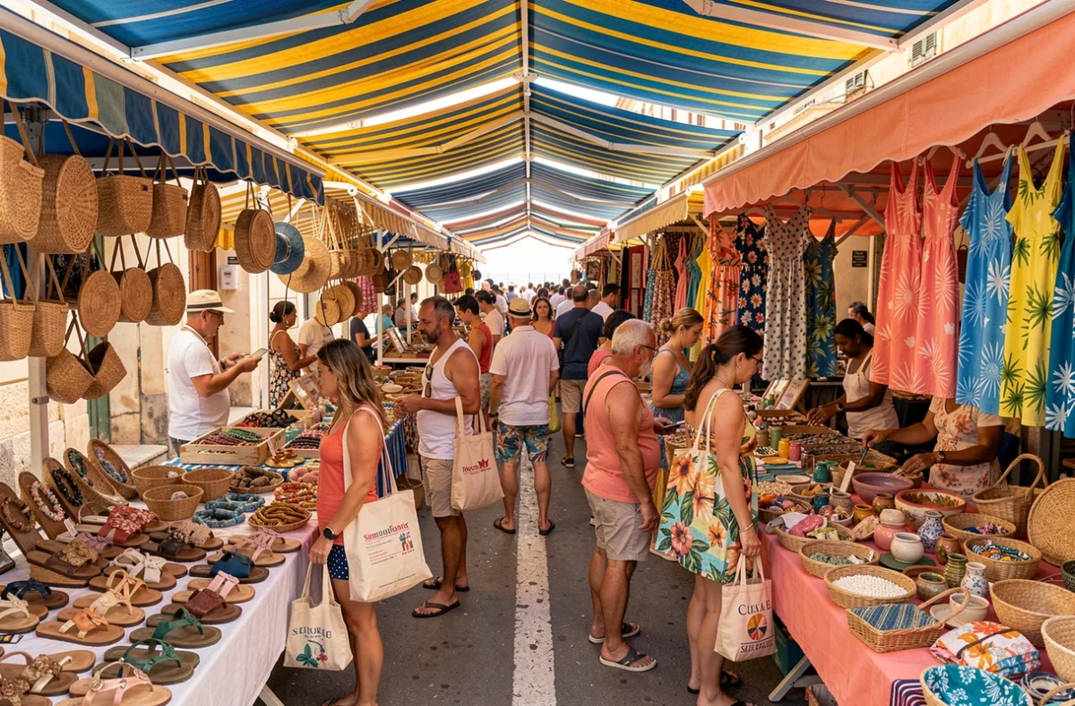 Marché estival animé dans une rue commerçante de Marseille près des plages, avec des étals d'artisanat, sandales et accessoires de plage colorés