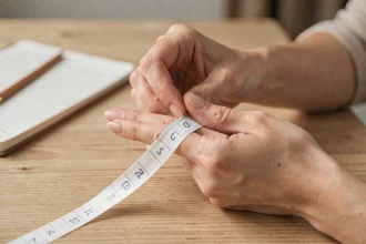 Femme mesurant son doigt avec un mètre ruban pour choisir la bonne taille de bague