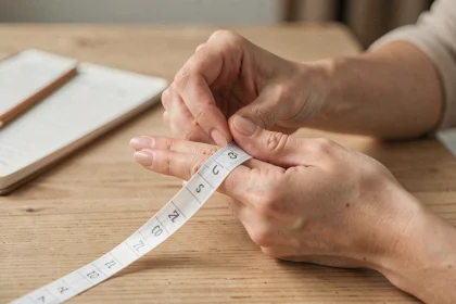Femme mesurant son doigt avec un mètre ruban pour choisir la bonne taille de bague