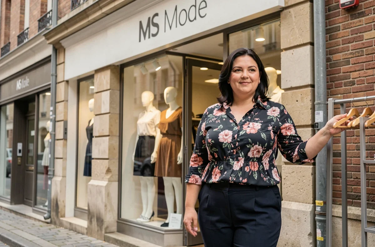 Une femme grande taille souriante devant la façade du magasin MS Mode à Arras, Hauts-de-France
