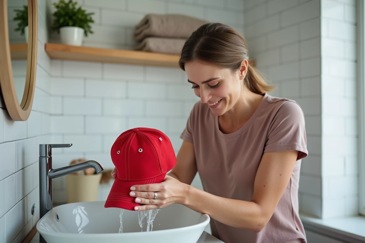 Femme nettoyant une casquette rouge à la main dans un évier, entretien délicat du textile