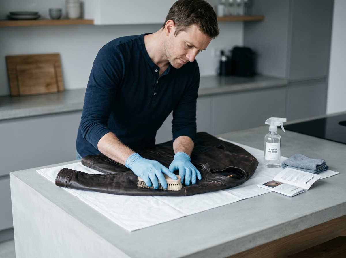 Nettoyage professionnel d'une veste en cuir marron avec une brosse douce et un produit nettoyant