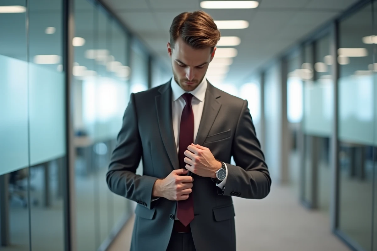 Jeune professionnel en costume gris ajustant un nœud de cravate double avec une cravate fine bordeaux dans un couloir de bureau