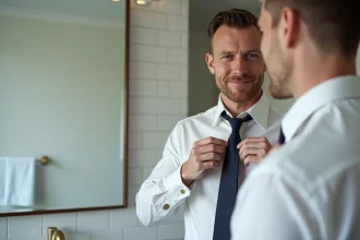 Homme en chemise blanche faisant un nœud de cravate double Windsor devant un miroir de salle de bain