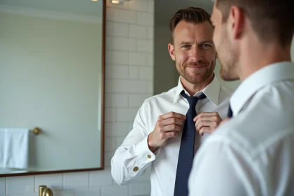 Homme en chemise blanche faisant un nœud de cravate double Windsor devant un miroir de salle de bain