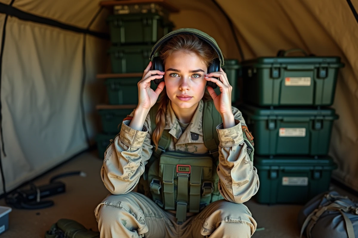 Jeune officier ajustant son casque dans une tente de camp