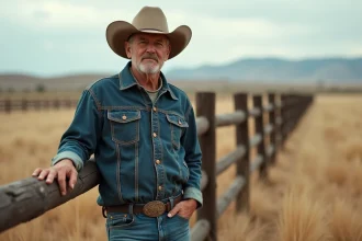 Ouvrier agricole américain portant une veste et un jean en denim selvedge indigo usé, posant près d'une clôture en bois sur un ranch californien poussiéreux, illustrant les origines workwear du jean