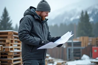 Ouvrier en softshell vérifiant des plans sur un chantier glacé