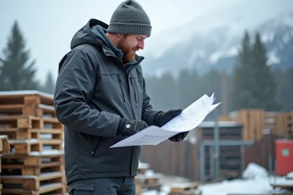 Ouvrier en softshell vérifiant des plans sur un chantier glacé
