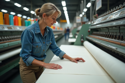 Ouvrière textile femme examinant un tissu dans une usine