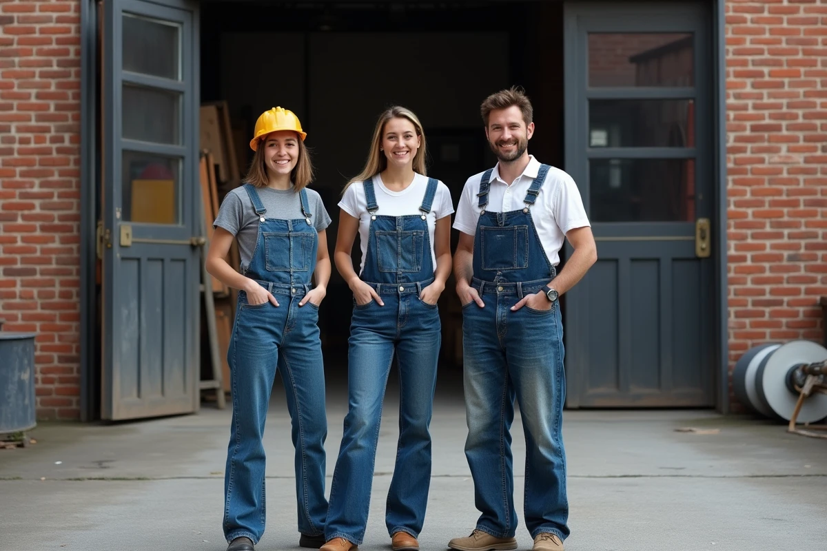 Trois ouvriers textiles en pause devant une usine de denim en briques, portant des jeans indigo à différents stades d'usure, illustrant l'évolution du jean comme uniforme de travail universel