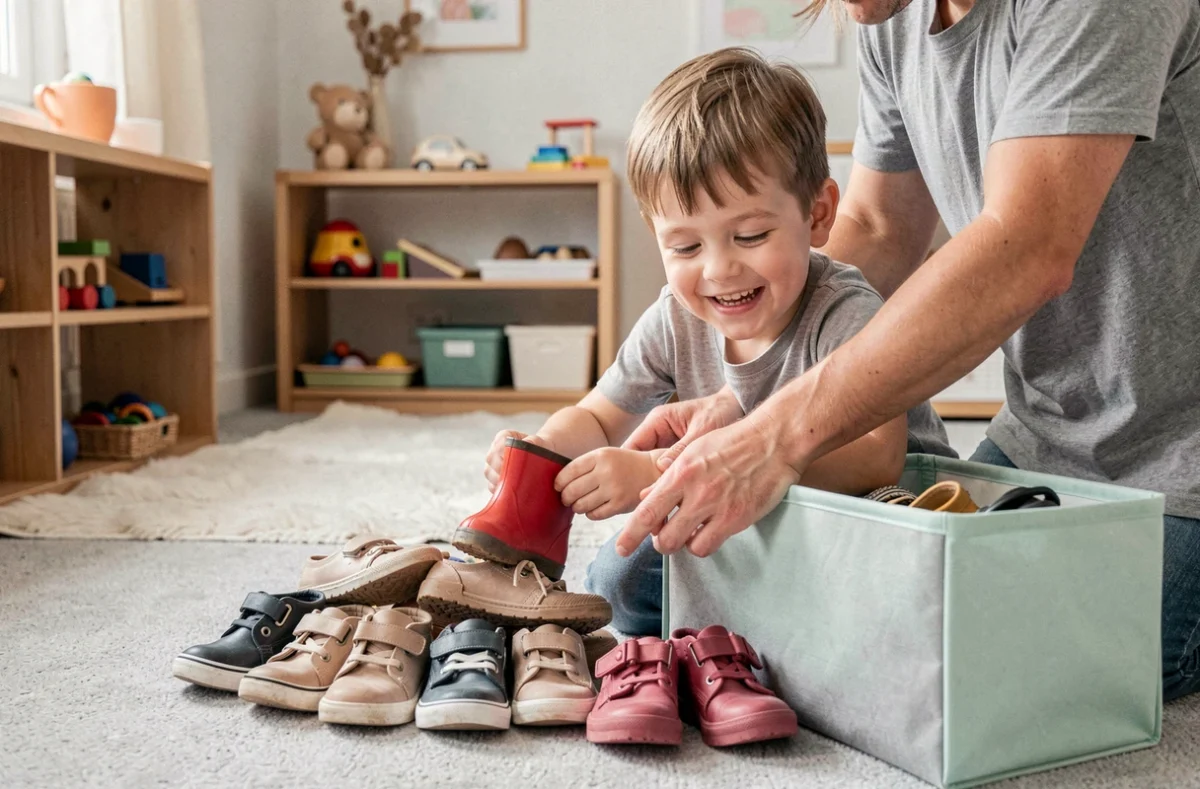 Parent et enfant triant des chaussures ensemble pour les ranger dans un bac organisateur dans une salle de jeux familiale