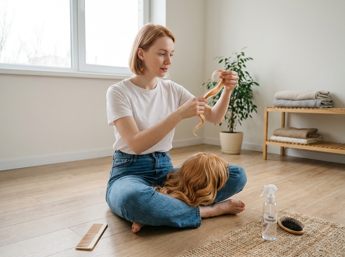 Jeune femme à peau claire essayant une perruque blonde dorée aux ondulations naturelles, assise sur un parquet en bois clair entourée d'accessoires de soin
