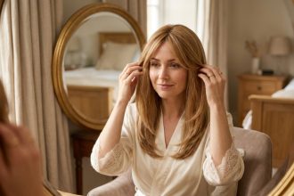 Femme portant une perruque blonde miel devant un miroir de coiffeuse, ajustant les mèches avec soin dans une chambre au décor naturel