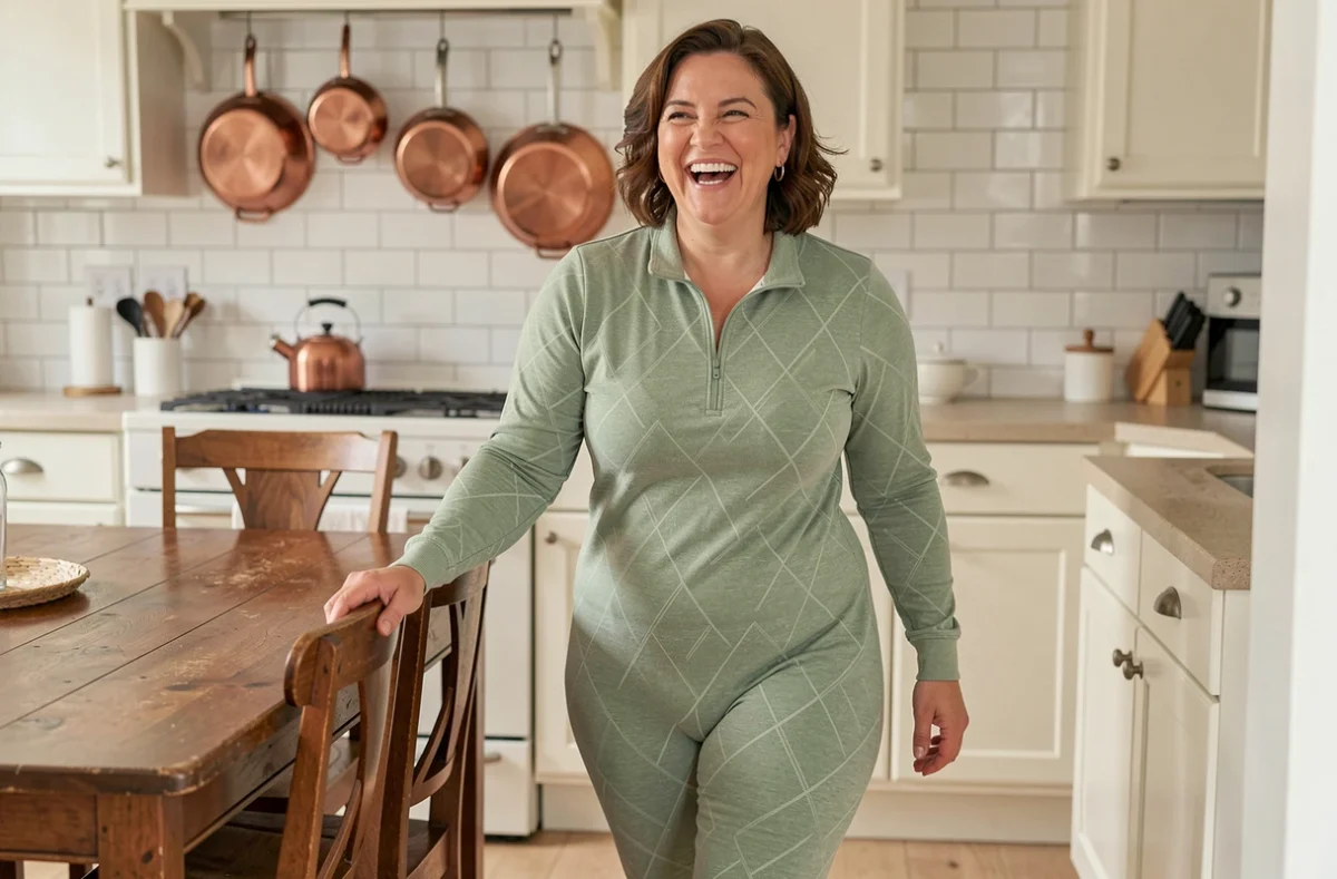 Femme mûre grande taille en combinaison pilou pilou vert sauge, marchant librement et souriant dans une cuisine chaleureuse