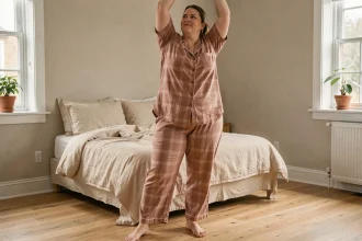 Femme grande taille portant un pilou pilou adulte ample et confortable, s'étirant librement dans une chambre cosy aux tons chauds