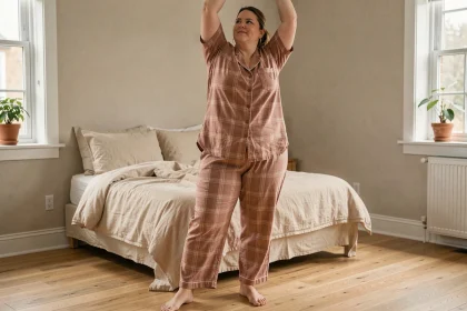 Femme grande taille portant un pilou pilou adulte ample et confortable, s'étirant librement dans une chambre cosy aux tons chauds