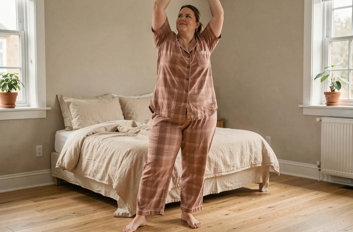 Femme grande taille portant un pilou pilou adulte ample et confortable, s'étirant librement dans une chambre cosy aux tons chauds