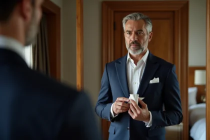 Homme en costume marine pliant avec soin une pochette blanche devant un miroir dans une chambre élégante