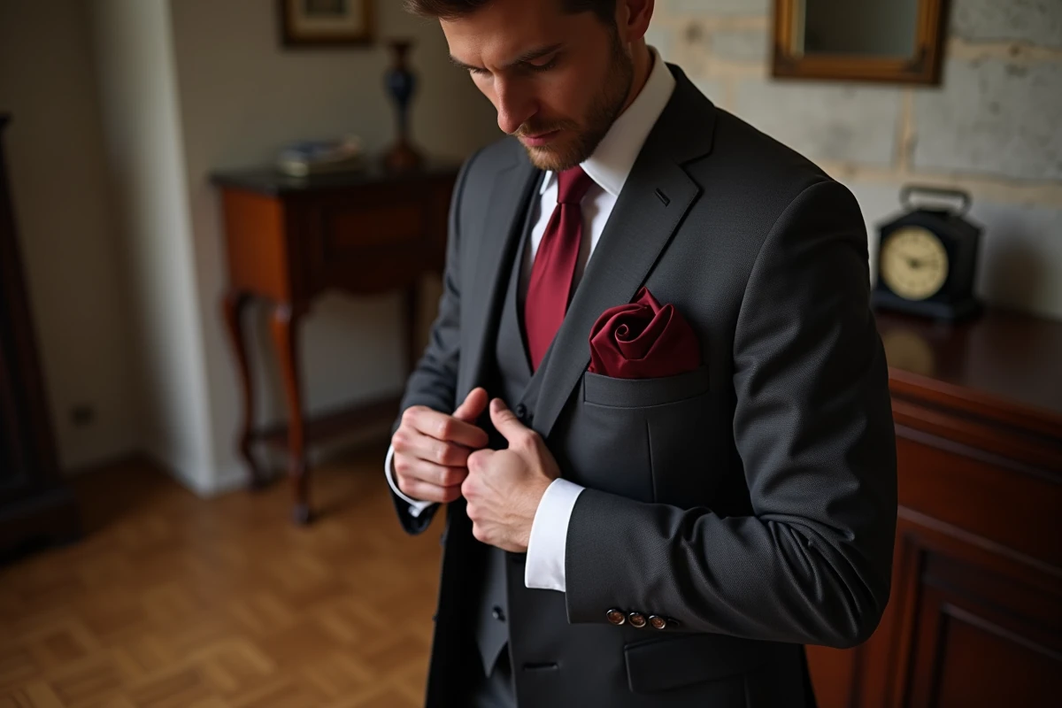 Homme en costume gris charbon pliant une pochette en soie bordeaux dans un appartement parisien classique