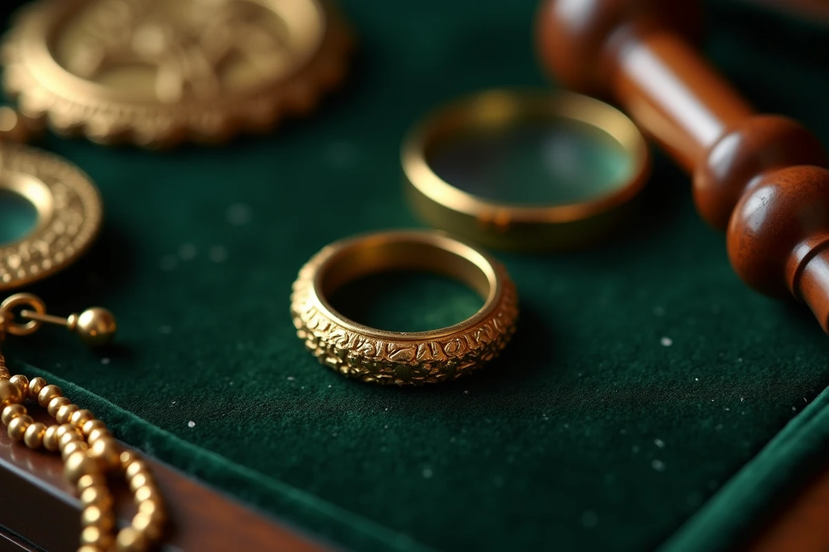 Poinçon or visible sur une bague ancienne posée sur velours vert avec loupe et bijoux vintage