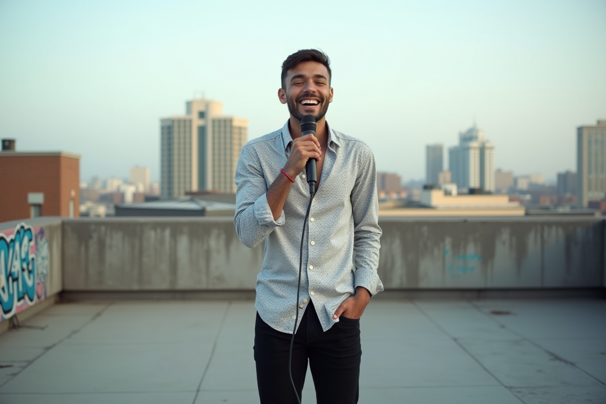 Chanteur pop de 30 ans sur un toit urbain en ville