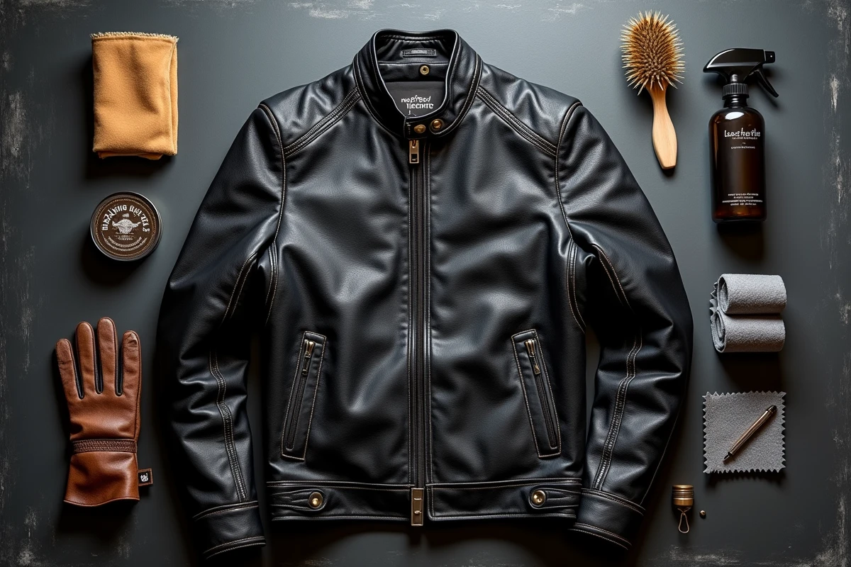 Flat-lay des produits d'entretien pour blouson de moto en cuir disposés sur un établi