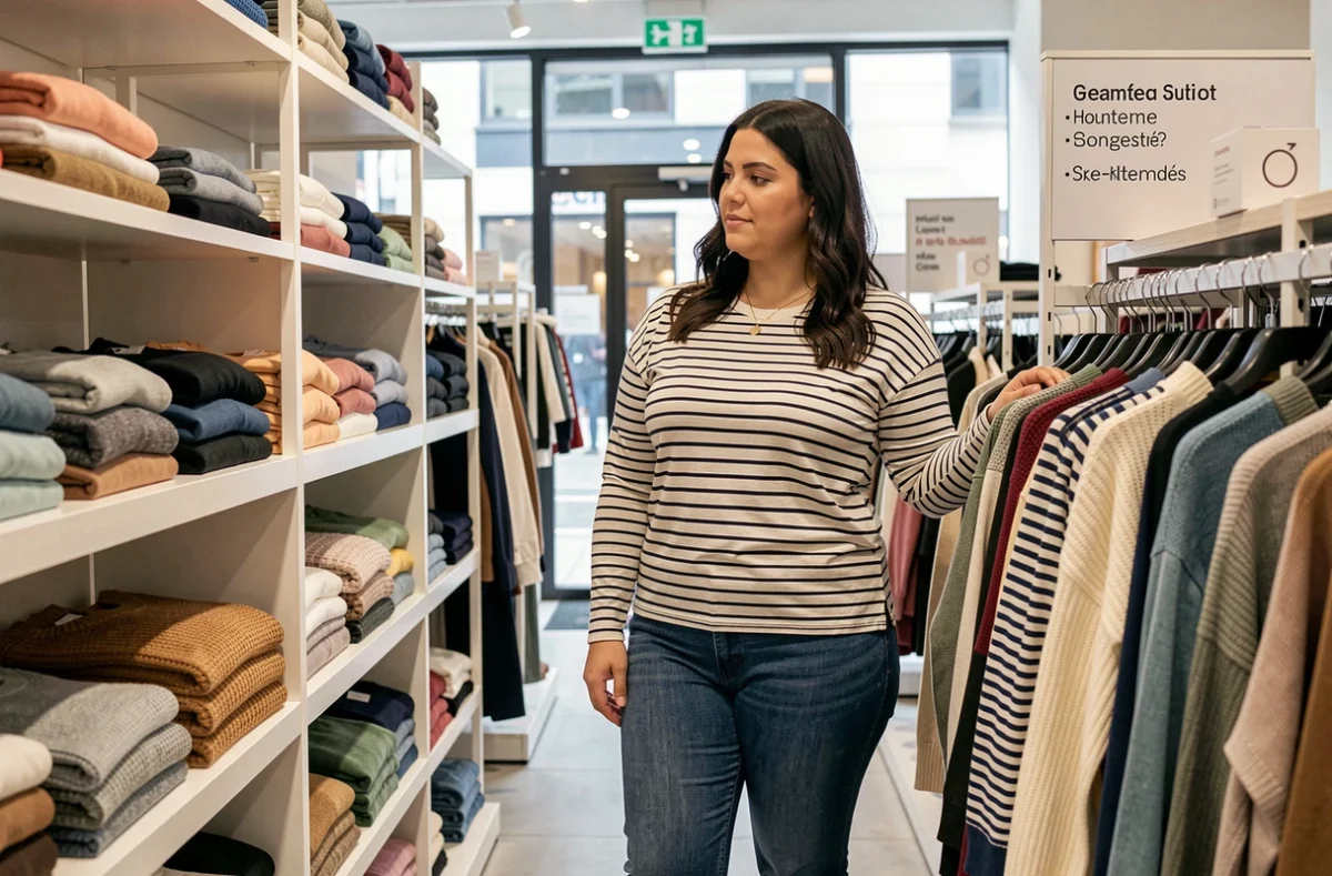 Une femme grande taille parcourant la collection Promod tailles étendues dans un magasin des Hauts-de-France