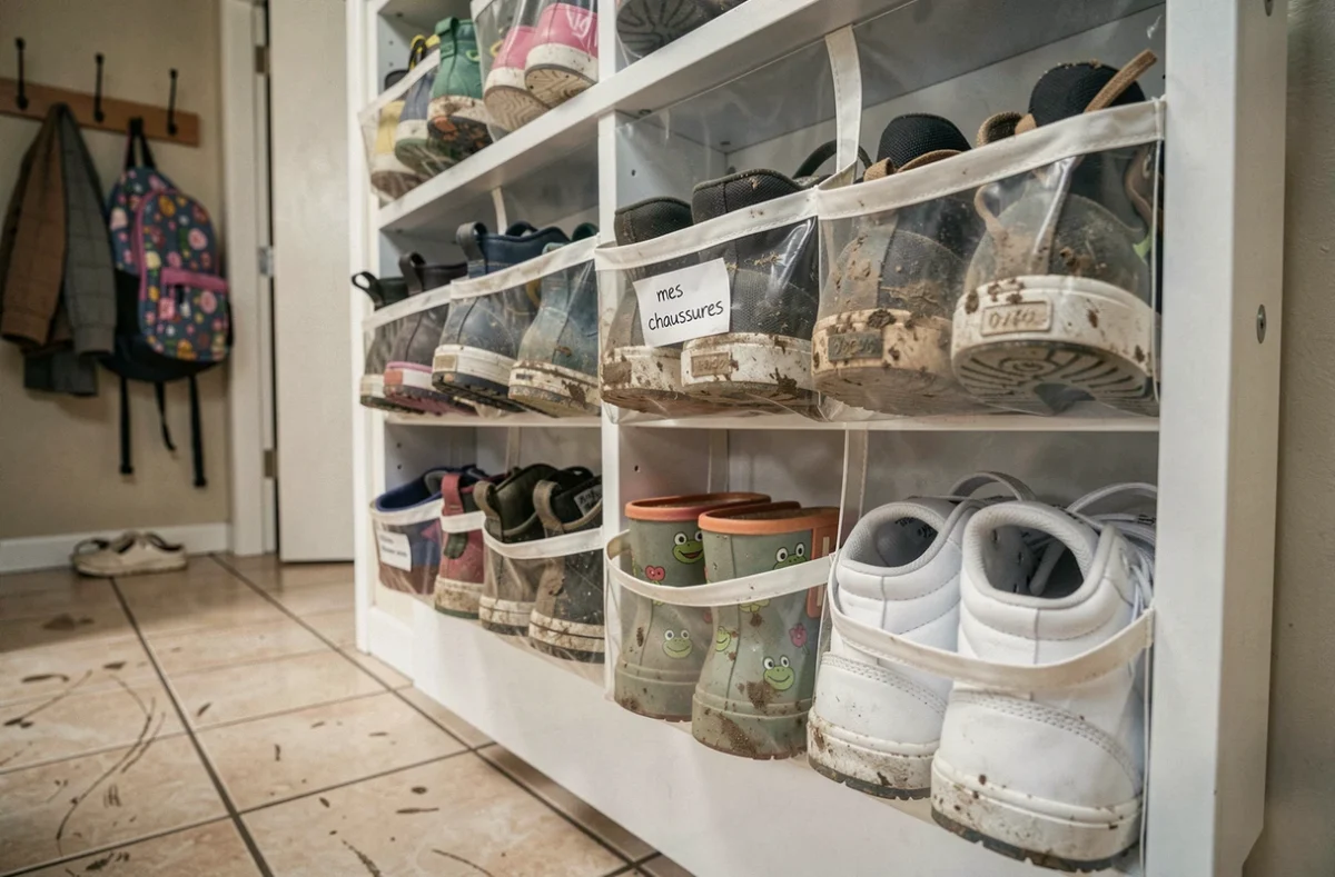 Organisateur de chaussures enfant à poches transparentes accroché dans un couloir familial avec étiquettes manuscrites