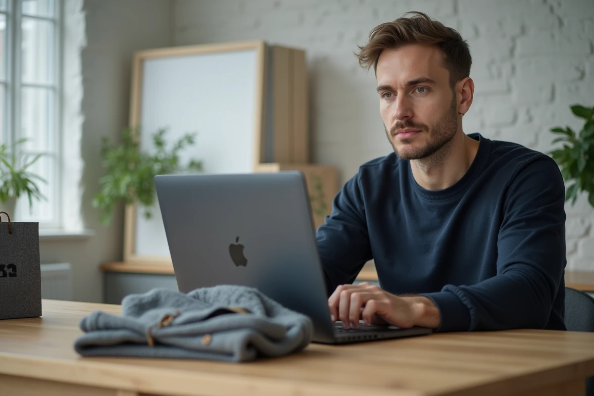 Homme rédigeant une réclamation en ligne pour un article ZARA défectueux depuis son bureau à domicile