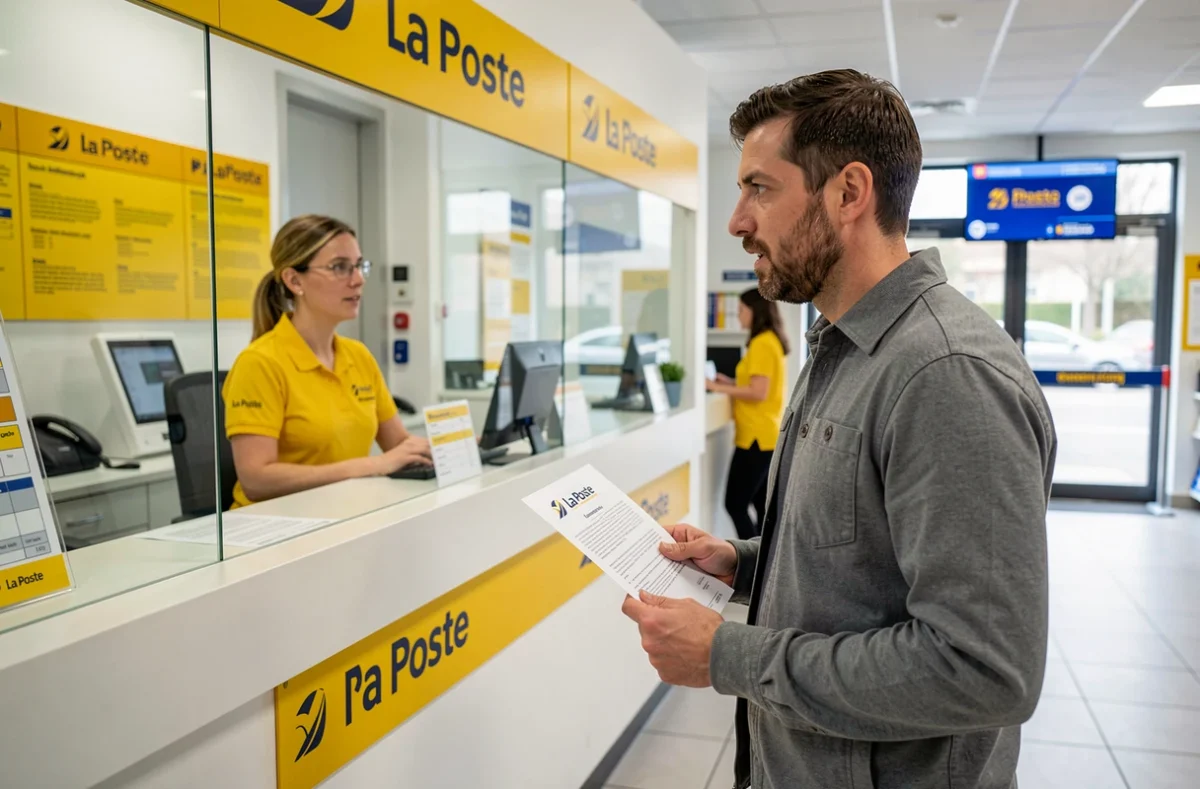 Client déposant une réclamation auprès d'un agent La Poste au guichet d'un bureau de poste