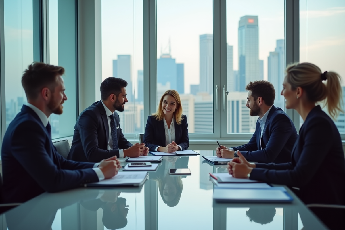 Groupe de professionnels en réunion dans un bureau lumineux