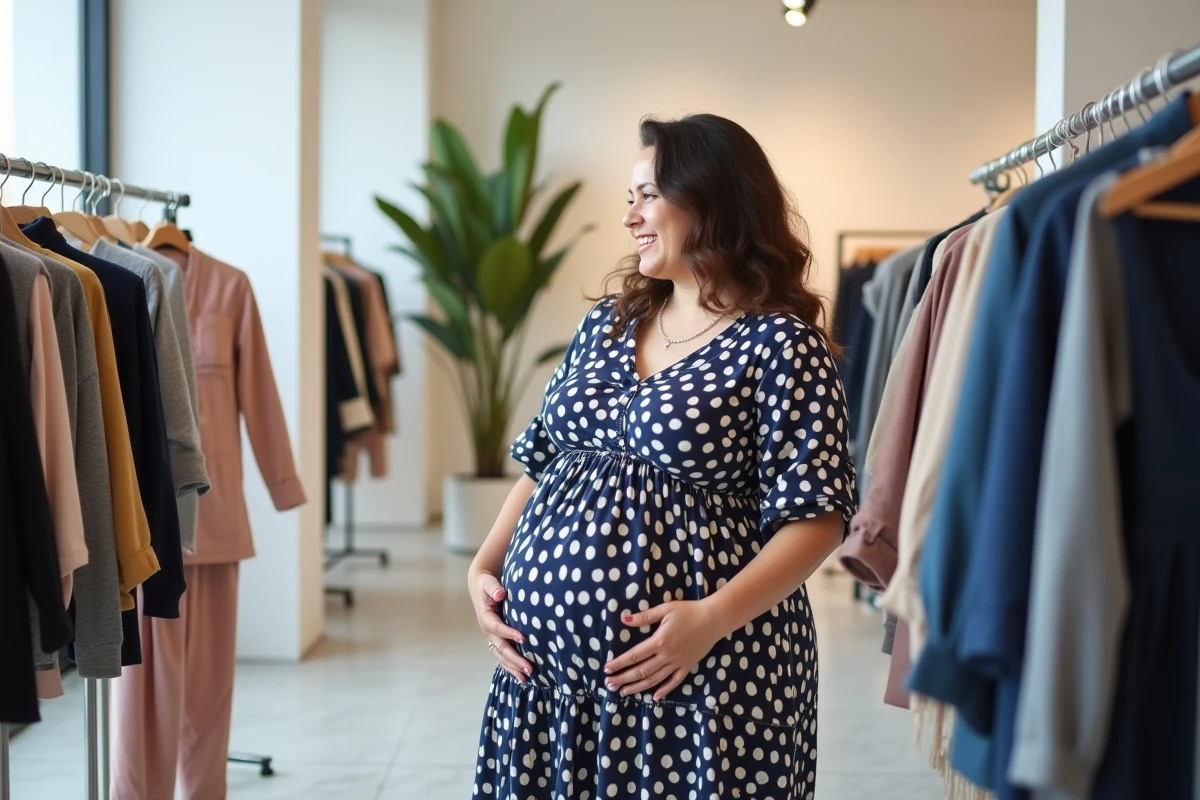 Grande femme souriante en robe A-line imprimée géométrique marine et blanc dans un showroom moderne, tendances 2026 pour silhouette ronde