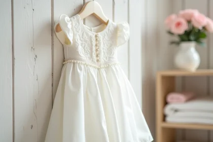 Robe de baptême blanche pour bébé fille en dentelle et organza avec boutons nacrés, suspendue dans une chambre de bébé décorée avec soin